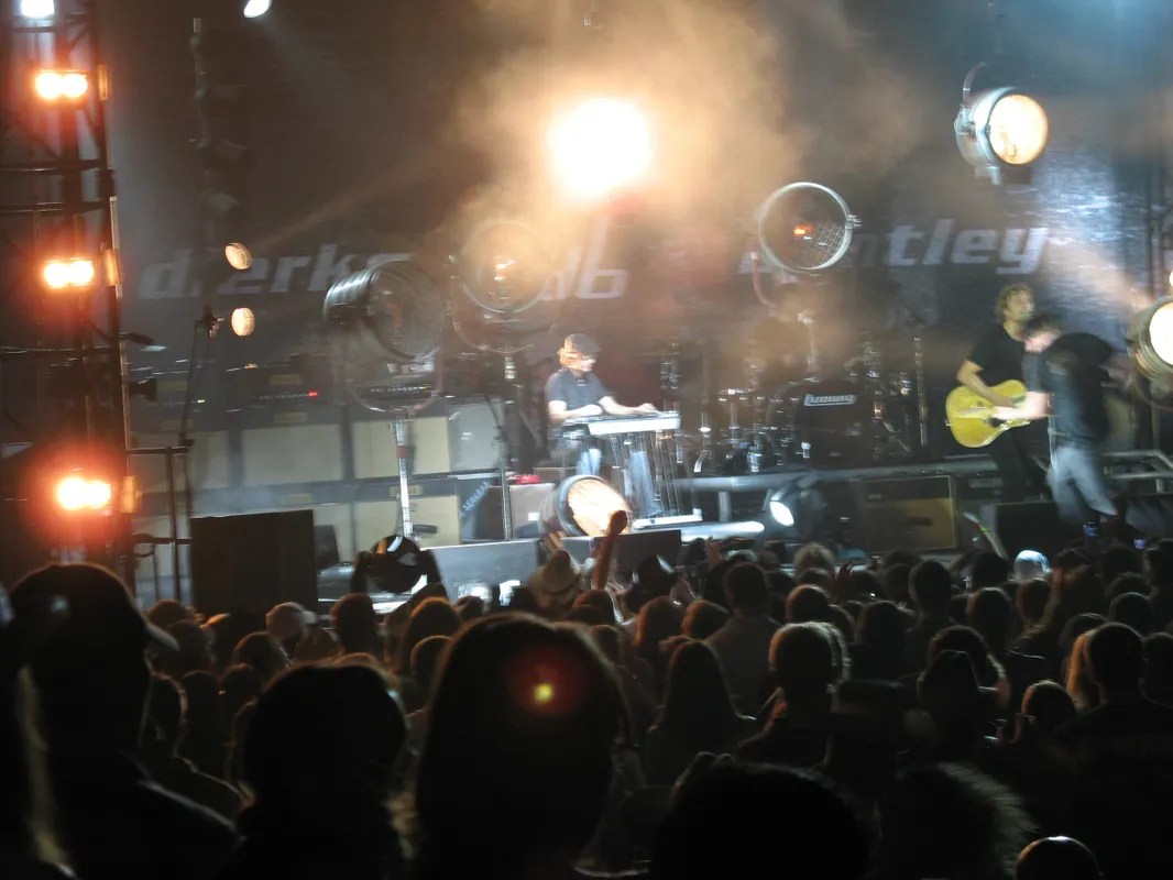 A crowd of people at a concert in progress.