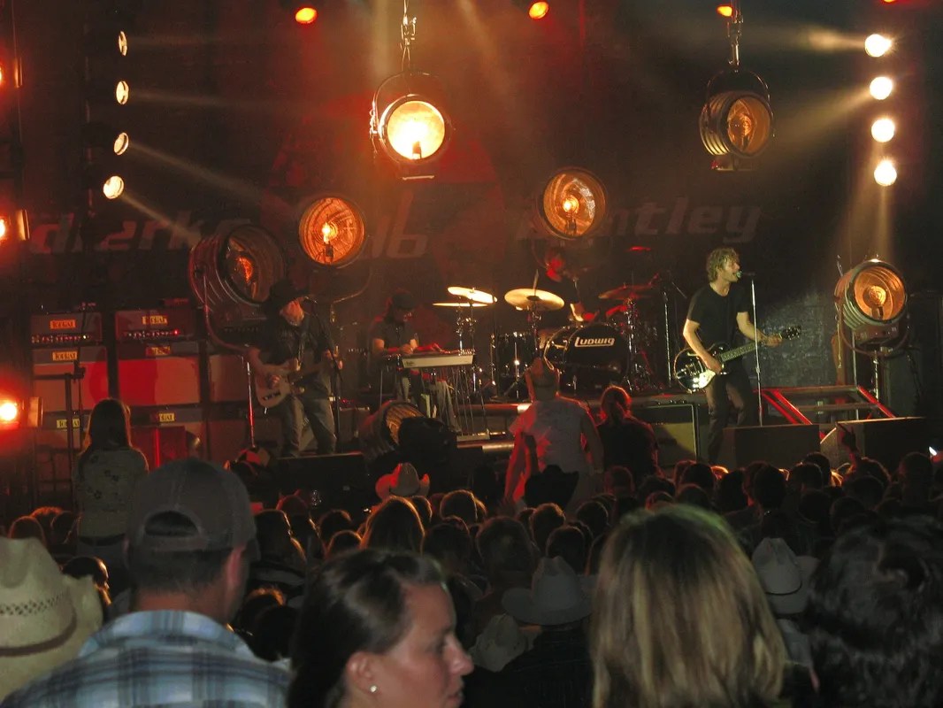 A crowd of people watching a band at a concert.